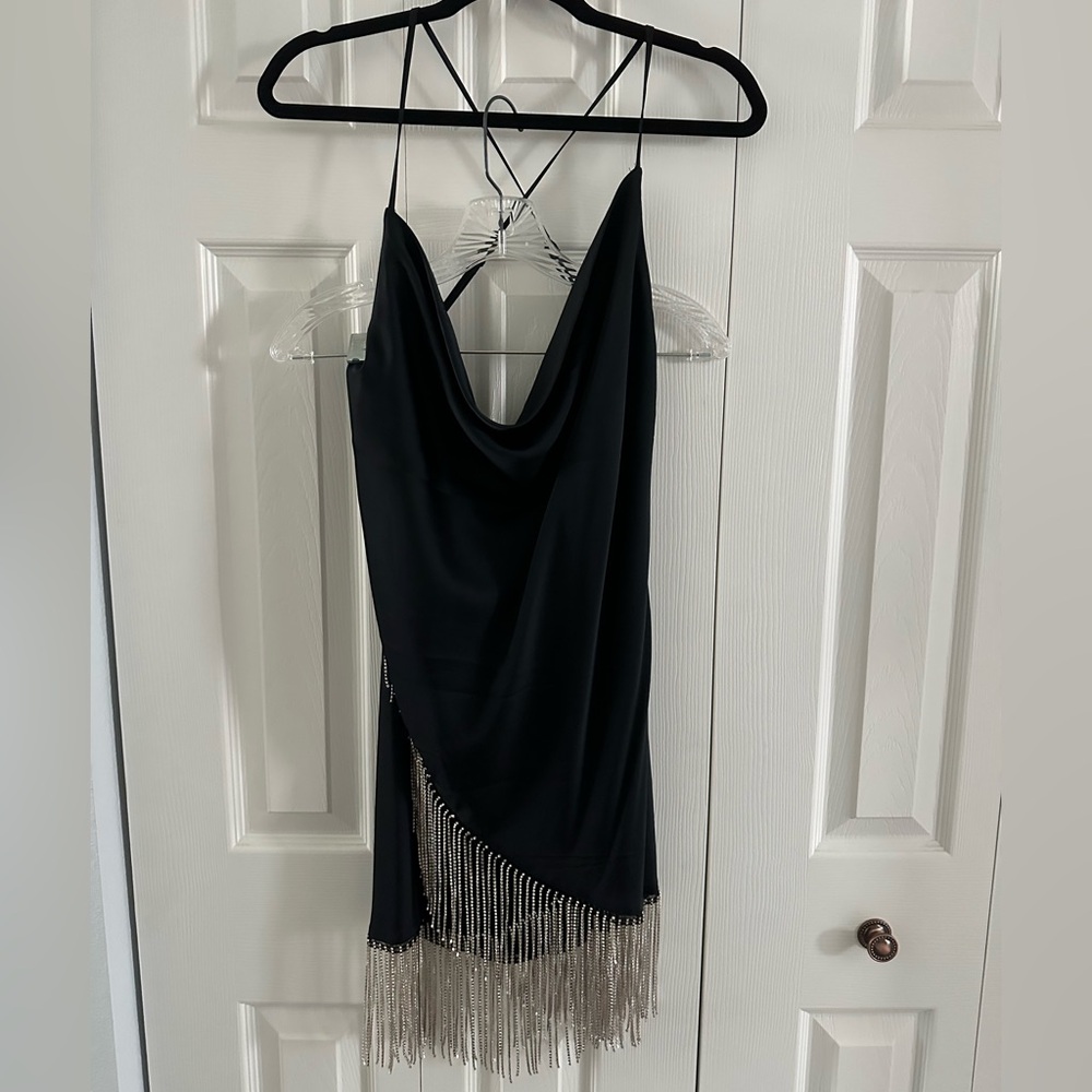 H&M Black Satin Dress with Diamond Fringe